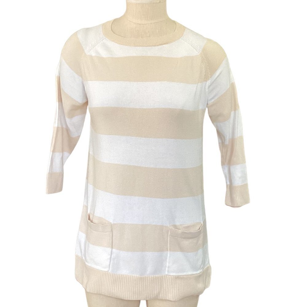 Jeanne Pierre Cotton Pocket Tunic Sweater‎ Striped M Beige & White 92X